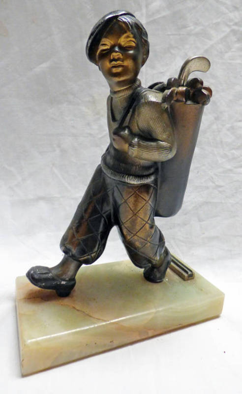 ARTS & CRAFTS STYLE GOLFING FIGURE ON HARDSTONE BASE MARKED GES - GESCH ANR LOREN 21 - HEIGHT 20.