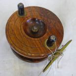 WOODEN FISHING REEL WITH BRASS FITTING AND FOOT,