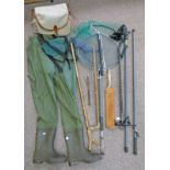 BRADY WICKER FISHING BAG/CREEL, DAIWA WADERS, WADING STICK,