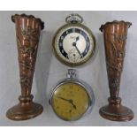 2 LINGERSOLL TRIUMPH POCKET WATCHES AND TWO COPPER VASES DECORATED WITH OWLS AND FOLIAGE -4-
