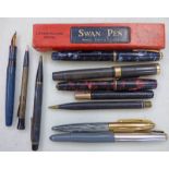 VARIOUS PARKER FOUNTAIN PENS WITH 14K NIBS & OTHER PENS, SWAN PEN IN BOX,
