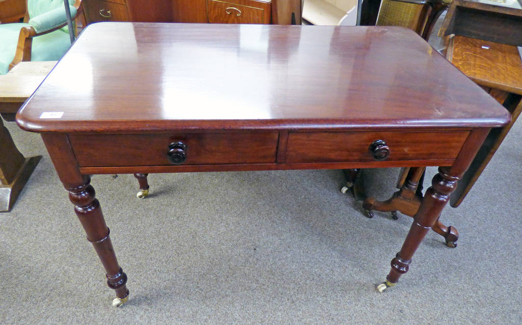 19TH CENTURY MAHOGANY 2 DRAWER SIDE TABLE ON RING TURNED SUPPORTS - 107CM WIDE