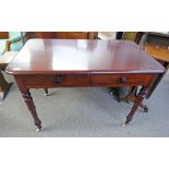 19TH CENTURY MAHOGANY 2 DRAWER SIDE TABLE ON RING TURNED SUPPORTS - 107CM WIDE