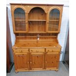 20TH CENTURY PINE CABINET WITH 2 GLASS PANEL DOORS OVER 3 DRAWERS WITH 3 CUPBOARD DOORS BELOW,