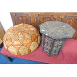 EASTERN CARVED TABLE WITH OCTAGONAL TOP & LEATHER POUFFEE