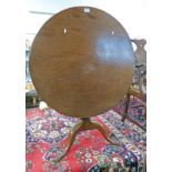 19TH CENTURY MAHOGANY CIRCULAR TOPPED TABLE ON CENTRE COLUMN WITH 3 SPREADING SUPPORTS & TIP UP TOP