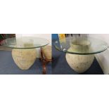 PAIR OF GLASS TOPPED POTTERY URN OCCASIONAL TABLES