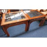 PAIR OF MAHOGANY SIDE TABLES WITH CARVED DECORATION AND SINGLE GLASS PANEL INSERT TOPS - 68 X 56 CM