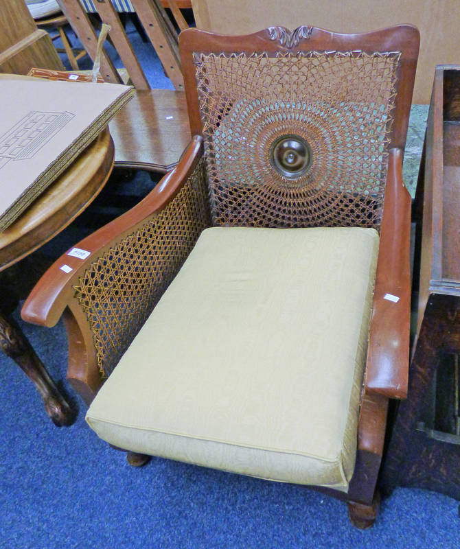 MAHOGANY BERGERE ARMCHAIR ON QUEEN ANNE SUPPORTS