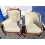 PAIR OF EARLY 20TH CENTURY WALNUT FRAMED GREEN & WHITE ARMCHAIRS ON SHAPED SUPPORTS