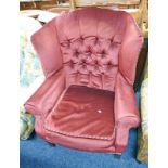 RED BUTTON-BACK WINGBACK ARMCHAIR ON SQUARE SUPPORTS