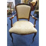 MAHOGANY FRAMED ARMCHAIR WITH GOLD COVERING & SHAPED SUPPORTS