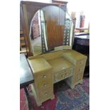 ARTS & CRAFTS LIMED OAK DRESSING TABLE WITH CARVED DECORATION & TRIPLE MIRROR BACK