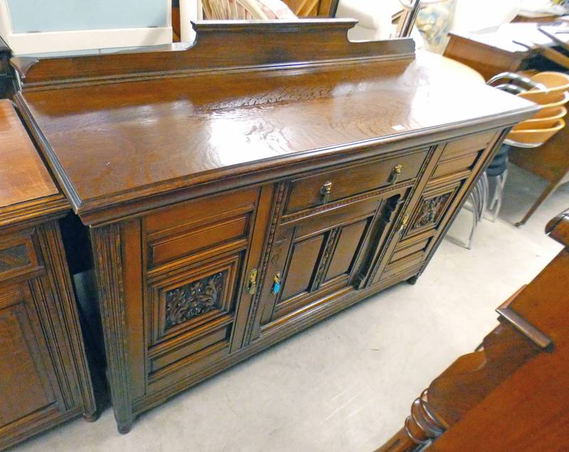 LATE 19TH CENTURY OAK SIDEBOARD WITH RAIL BACK,