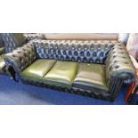 GREEN LEATHER CHESTERFIELD 3 SEAT SETTEE 193 CM WIDE