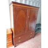 19TH CENTURY INLAID MAHOGANY WARDROBE WITH 2 PANEL DOORS OVER 2 LONG DRAWERS ON BRACKET SUPPORTS