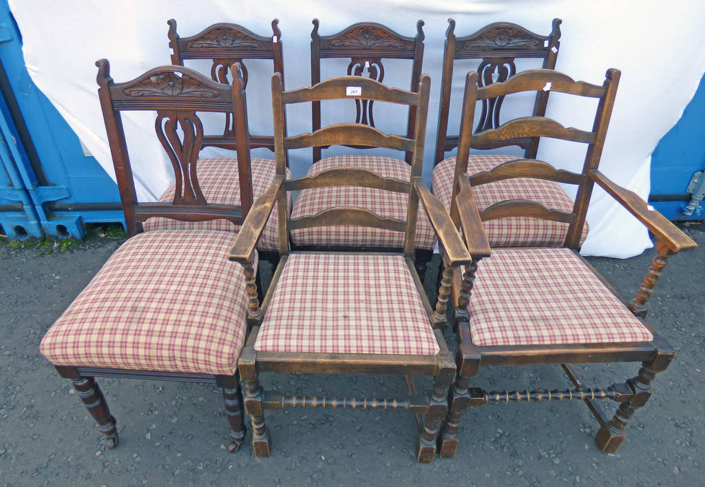 PAIR OF OAK OPEN ARMCHAIRS & SET OF 4 DINING CHAIRS ON TURNED SUPPORTS