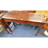 19TH CENTURY MAHOGANY SIDE TABLE ON SQUARE SUPPORTS 80 CM TALL X 119 CM LONG X 45 CM DEEP