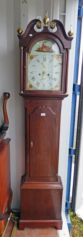 19TH CENTURY OAK GRANDFATHER CLOCK WITH PAINTED DIAL,