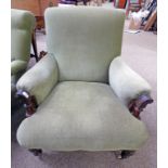 LATE 19TH/EARLY 20TH CENTURY MAHOGANY FRAMED OVERSTUFFED ARMCHAIR ON TURNED REEDED SUPPORTS
