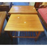 2 TEAK TABLES ONE WITH RACK BELOW AND ONE WITH SLIDING TOP