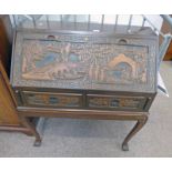 ORIENTAL CARVED HARDWOOD BUREAU ON STAND WITH BALL & CLAW SUPPORTS 105 CM TALL X 92 CM WIDE