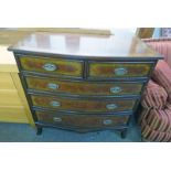 INLAID MAHOGANY BOW FRONT CHEST OF 2 SHORT OVER 3 LONG DRAWERS ON SHAPED SUPPORTS - 100CM WIDE
