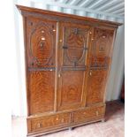 EARLY 20TH CENTURY OAK 3 DOOR WARDROBE WITH APPLIED DECORATION TO PANEL DOORS,