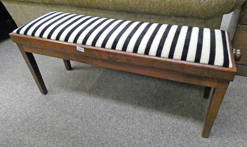 MAHOGANY RECTANGULAR STOOL WITH RISE & FALL MECHANISM AND STRIPED COVERS,