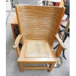 EARLY 20TH CENTURY ORKNEY CHAIR WITH RUSHWORK BACK & SEAT ON SQUARE SUPPORTS - 83 CM TALL