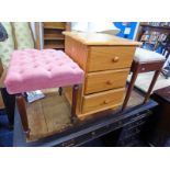 PINK BUTTON TOPPED MAHOGANY STOOL , PINE CHEST OF 3 DRAWERS,