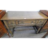 19TH CENTURY STYLE OAK SIDE TABLE WITH 3 DRAWERS 84CM TALL X 114CM LONG