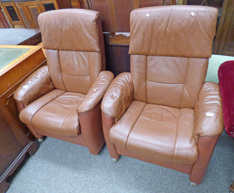 PAIR OF BROWN LEATHER RECLINING ARMCHAIRS