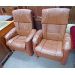 PAIR OF BROWN LEATHER RECLINING ARMCHAIRS