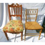 EARLY 19TH CENTURY PAINTED FAUX BAMBOO HAND CHAIR WITH RUSHWORK SEAT & A DINING CHAIR ON TURNED