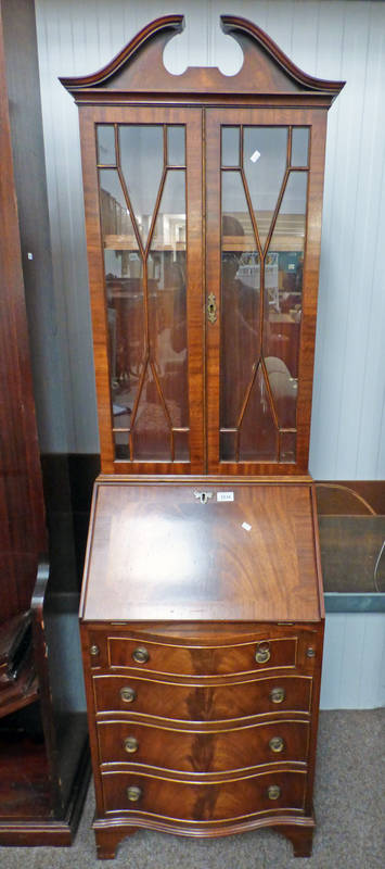 MAHOGANY BUREAU BOOKCASE WITH 2 GLAZED DOORS OVER FALL FRONT & 4 DRAWERS