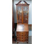 MAHOGANY BUREAU BOOKCASE WITH 2 GLAZED DOORS OVER FALL FRONT & 4 DRAWERS