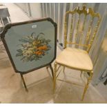 GILT METAL HAND CHAIR & TAPESTRY FLIP TOP TABLE