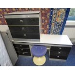 LATE 20TH CENTURY WHITE & BLACK DRESSING TABLE & STOOL & CHEST OF DRAWERS