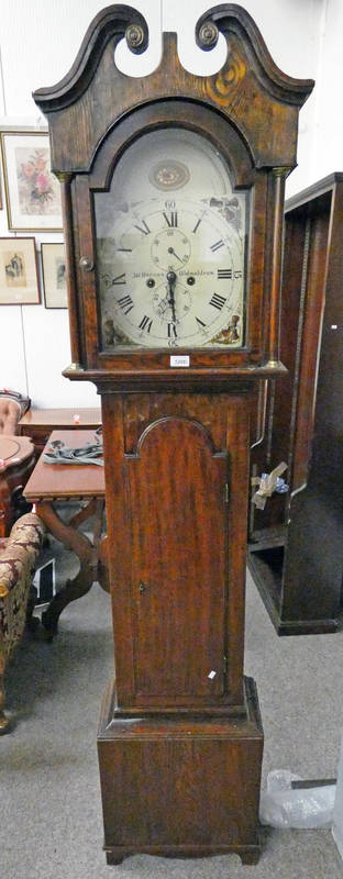 19TH CENTURY OAK GRANDFATHER CLOCK WITH PAINTED DIAL SIGNED JAMES DUNCAN,