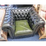 GREEN LEATHER BUTTON WING BACK ARMCHAIR