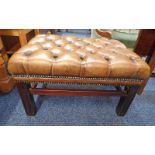 BROWN LEATHER & MAHOGANY BUTTON BACK STOOL ON SQUARE SUPPORTS 39CM TALL X 64CM X 44CM