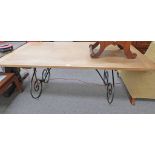 OAK KITCHEN TABLE ON WROUGHT IRON METAL SUPPORTS 180CM LONG Condition Report: 74cm