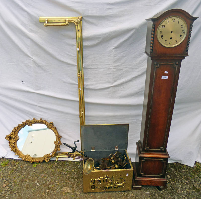 MAHOGANY GRANDMOTHER CLOCK, OVAL GILT FRAMED MIRROR & VARIOUS BRASSWARE TO INCLUDE FENDER, COAL BOX,