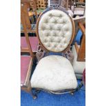 19TH CENTURY WALNUT BUTTON BACK CHAIR WITH CARVED DECORATION ON CABRIOLE SUPPORTS 98CM TALL