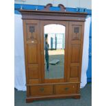 EARLY 20TH CENTURY ARTS & CRAFTS MIRROR DOOR WARDROBE WITH 2 DRAWERS TO BASE