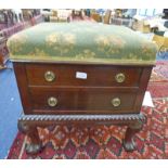 MAHOGANY STOOL WITH LIFT UP LID OVER SINGLE DRAWER ON BALL & CLAW SUPPORTS