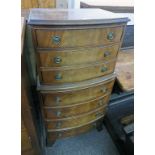 EARLY 20TH CENTURY BOW FRONT CHEST OF 3 SHORT OVER LONG DRAWERS ON SHAPED SUPPORTS