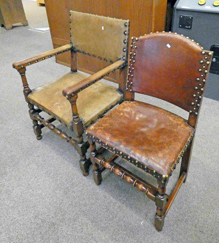 SET OF 6 OAK CHAIRS WITH STUDDED LEATHER SEATS ON TURNED SUPPORTS INCLUDING 2 ARMCHAIRS