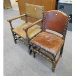 SET OF 6 OAK CHAIRS WITH STUDDED LEATHER SEATS ON TURNED SUPPORTS INCLUDING 2 ARMCHAIRS